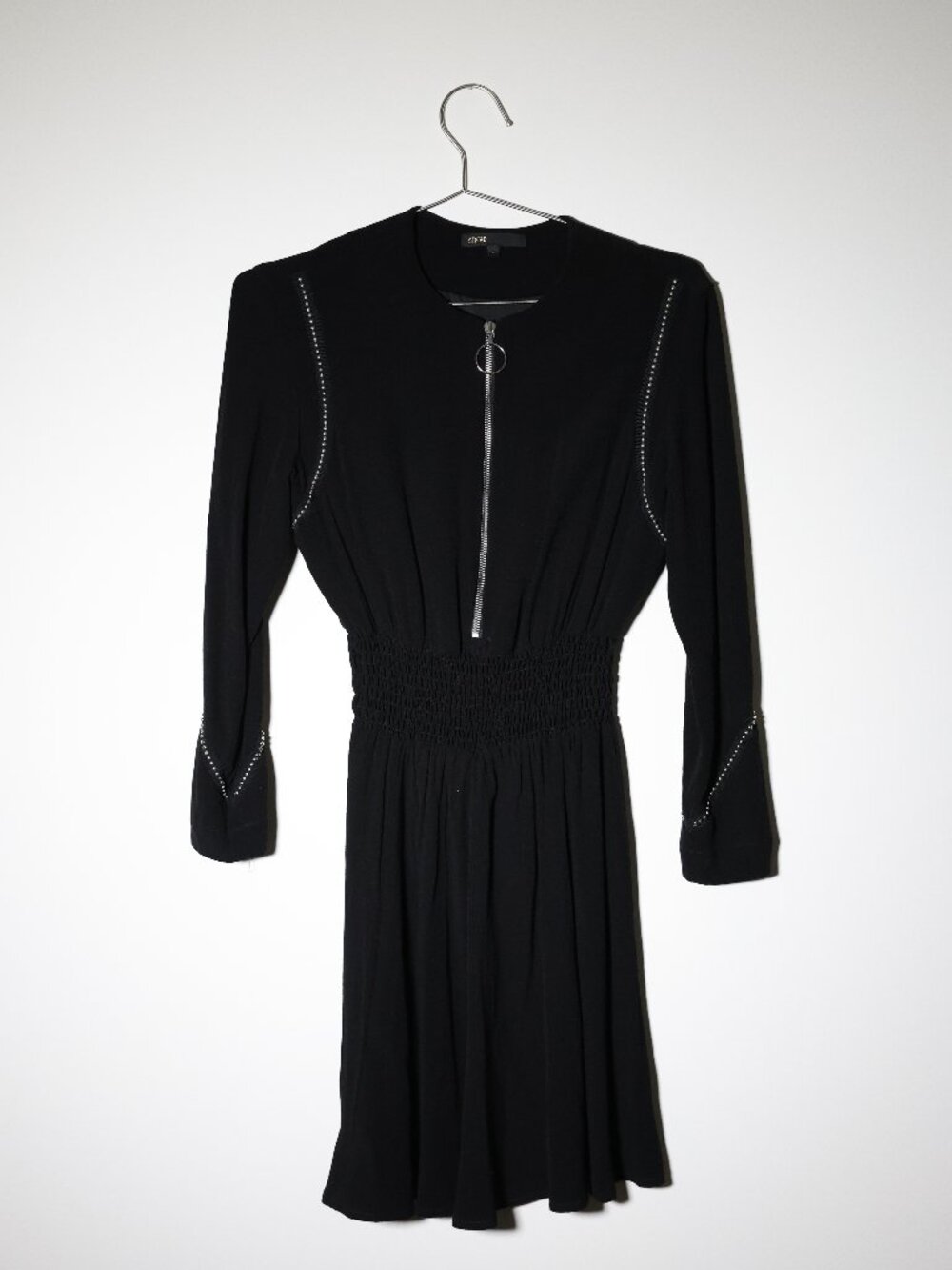 Maje Black Studded Zip Front Dress Womens 2 Long Sleeve Fit Flare Dress